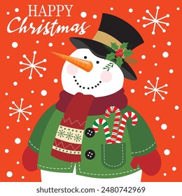 Christmas card design with cute snowman and candy canes