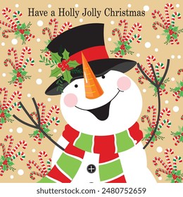 Christmas card design with cute snowman and candy cane