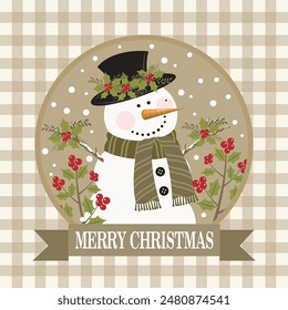 Christmas card design with cute snowman and berries