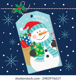 Christmas card design with cute snowman on the tag