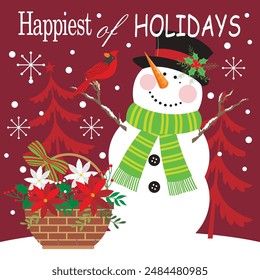 Christmas card design with cute snowman and wreath flower