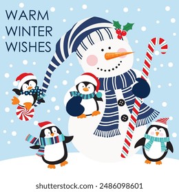 Christmas card design with cute snowman and penguins