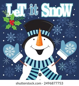 Christmas card design with cute snowman and let it snow