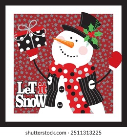 Christmas card design with cute snowman and gift