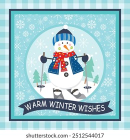 Christmas card design with cute snowman skating