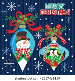 Christmas card design with cute snowman and penguin in the bauble