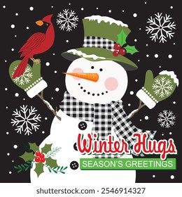 Christmas card design with cute snowman and red cardinal bird