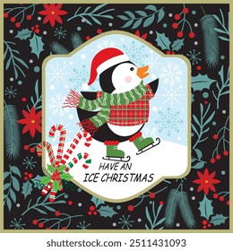 Christmas card design with dancing penguin and wreath flowers pattern