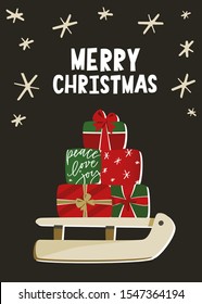 Christmas card design. Dark night sky with abstract stars, snowflakes, sleigh with decorated gift boxes clipart.