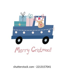 Christmas card design with a deer in a car transporting Christmas presents. Winter holiday design for postcards, paper prints, web banners.