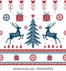 Christmas card design with deer, snowflakes, and festive patterns