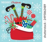 Christmas card design with elfish and gifts on the gift sack
