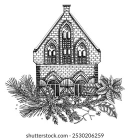 Christmas card design. European architecture sketch. Vintage brick house drawing. Winter trees hand-drawn vector illustration. NOT AI generated