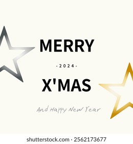 The Christmas card design features a cute and fancy, stylish artistic style. social media greeting, fashion and art, stunning glowing shiny metal stars, and Christmas illustration, decoration