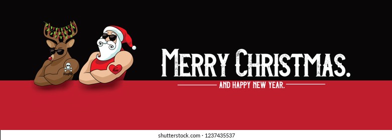 Christmas card design featuring cartoon Santa Claus muscle man mascot with his muscular reindeer sporting naughty and nice tattoos. Eps10 vector illustration.