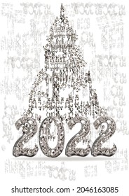 Christmas card design with festive  tree and numbers 2022 from shiny diamonds.  Happy New Year Banner with 2022 Numbers. Hand drawn vector illustration.