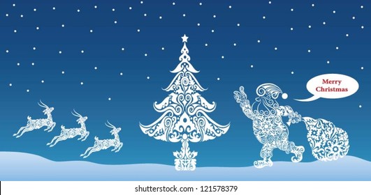 Christmas Card Design with Christmas floral element. Santa Claus, Christmas tree, and deer floral ornament.