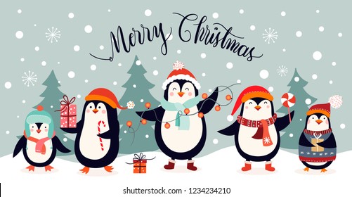 Christmas card design with funny penguins on a winter background