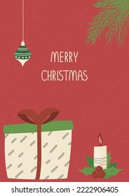 christmas card design with gift box and candle 