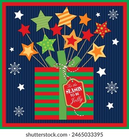 Christmas card design with gift box and stars