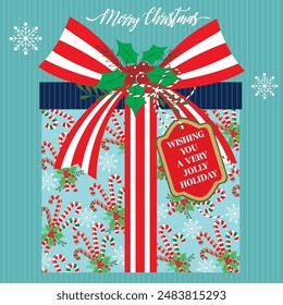 Christmas card design with gift box and wreath