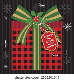 Diseño de la tarjeta de la Navidad con la caja de regalo y la tela escocesa del búfalo
