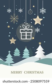 A Christmas card design with a gift box, snowflakes, and stars hanging from strings, with trees in the background. The color scheme is navy blue, white, gray, and green. Vector illustration.