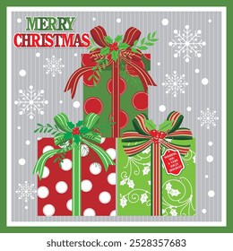 Christmas card design with gift boxes, wreath and ribbon