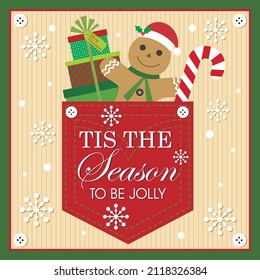 Christmas card design with ginger bread, gifts and candy cane in the pocket