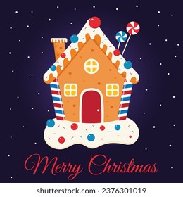 Christmas card design with gingerbread house on snowy background. Gingerbread house with candy and lollipops. Vector illustration for Christmas