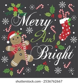 Christmas card design with gingerbread man, stocking, wreath and lettering