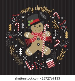 Christmas card design with gingerbread man and candy cane