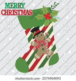 Christmas card design with gingerbread man on stocking