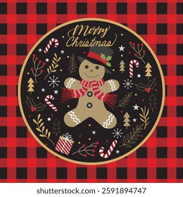 Christmas card design with gingerbread man and buffalo plaid