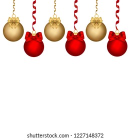 Christmas card, design Christmas gold and red balls on a white background. Ribbons, bows