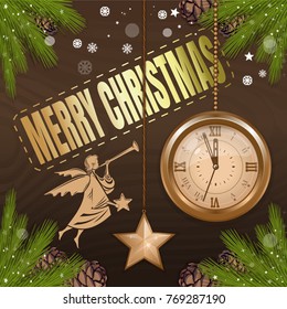 Christmas card design. Greeting card with a Christmas angel and antique clock. Five minutes to midnight. Vector illustration