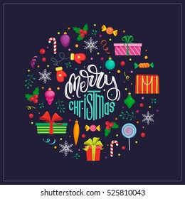 Christmas card design with hand lettering and ornaments. Merry Christmas. Vector illustration