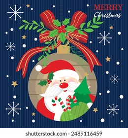 Christmas card design with hanging bauble, wreath and santa