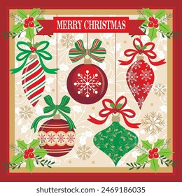 Christmas card design with hanging baubles and wreath