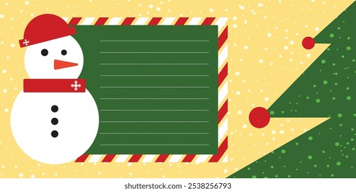 Christmas Card Design, Happy New Year Celebration With Christmas Tree And Snowman With Snow Background