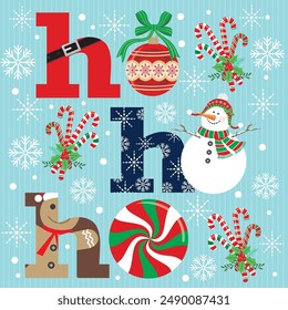 Christmas card design with ho ho ho, snowman and candy cane