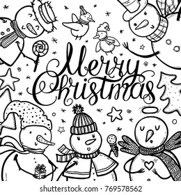 Christmas card design with holidays funny snowman, candy, snowflakes, birds, christmas tree. Merry Christmas black and white vector illustration