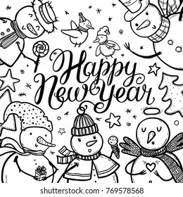 Christmas card design with holidays funny snowman, candy, snowflakes, birds, christmas tree. Happy New Year black and white vector illustration