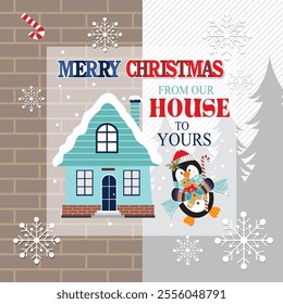 Christmas card design with house and cute penguin