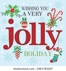Christmas card design with jolly lettering, wreath, ball and sock