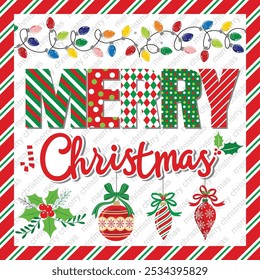 Christmas card design with lettering, baubles, wreath and lights