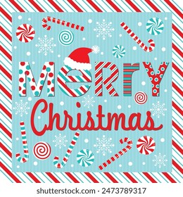 Christmas card design with lettering, candy cane and Santa's hat