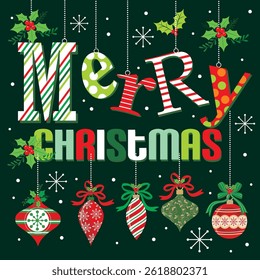 Christmas card design with lettering and hanging baubles