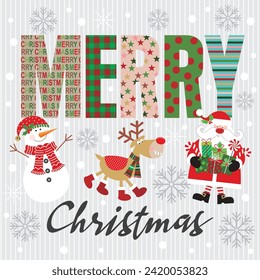 Christmas card design with lettering, santa, snowman and reindeer