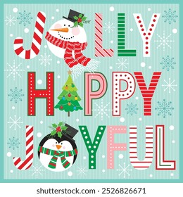 Christmas card design with lettering, snowman and penguin